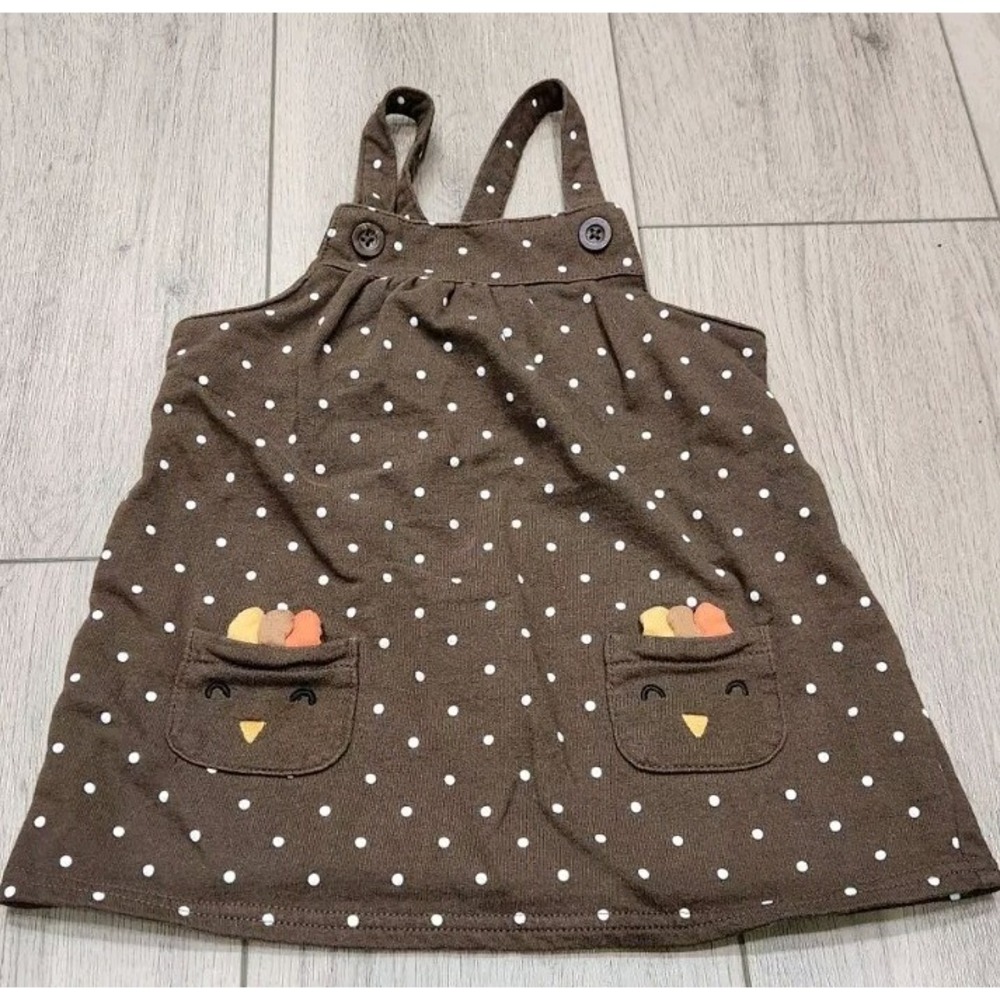 Carter's Thanksgiving Turkey Jumper Dress Brown White Polka Dot Pockets 18M